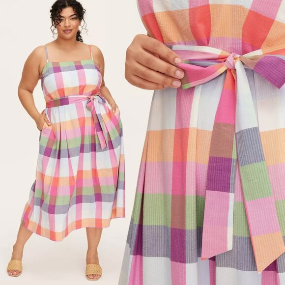 Kate Spade Colorful Plaid Tie-waist Midi Dress - Picture 1 of 10